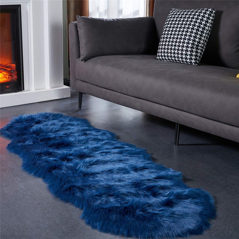 Easy Joy EasyJoy Ultra Soft Fluffy Shaggy Area Rug Faux Fur Rug Chair Cover Seat Pad Fuzzy Area Rug for Bedroom Floor Sofa Living Room (2 x 6 ft Sheepskin, Dark Blue) - Image 3